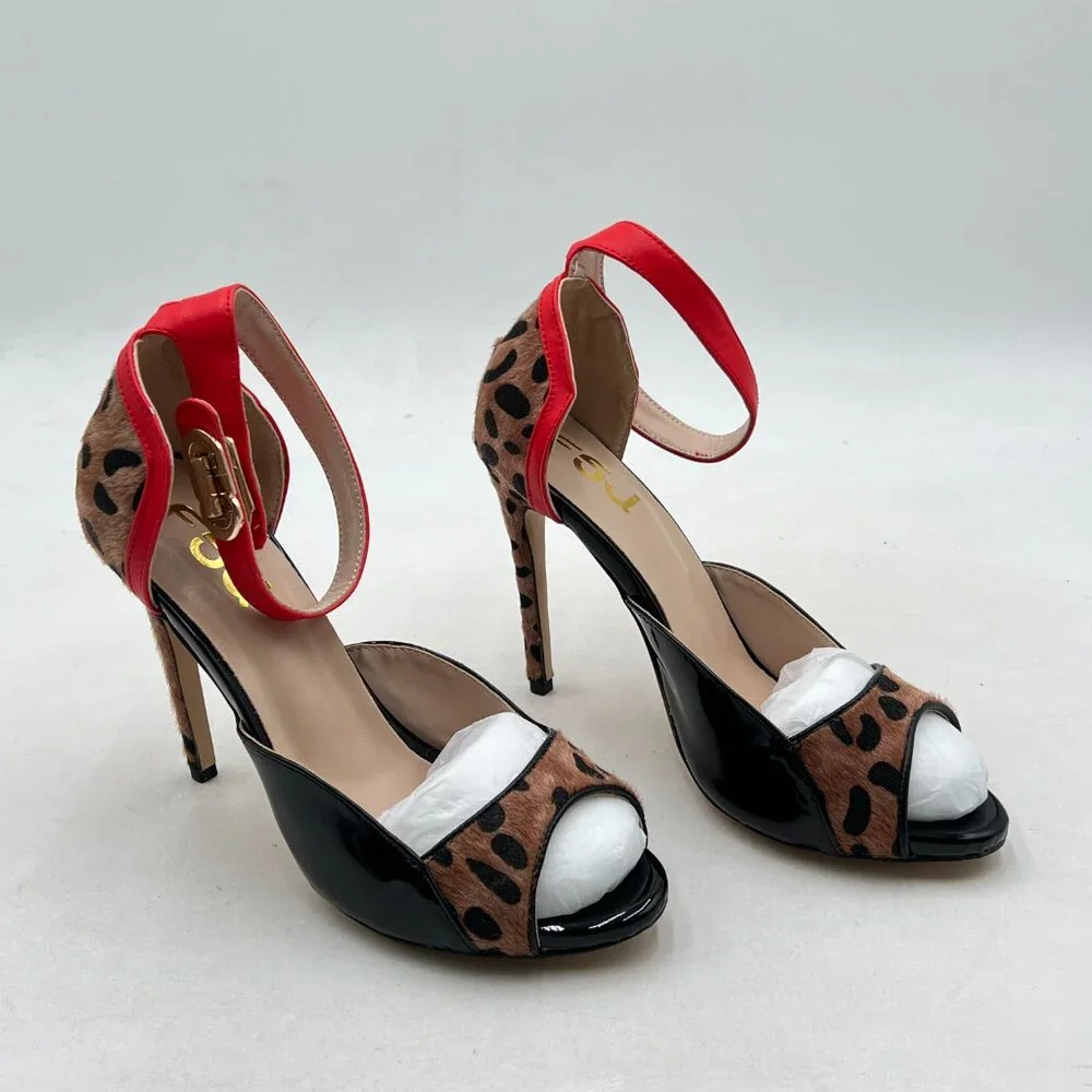 Leopard Print Red Ankle-Strap Stiletto Sandals - Picture 3 of 7